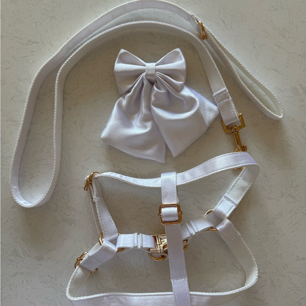 Satin White Dog Harness, Bow, Leash Set